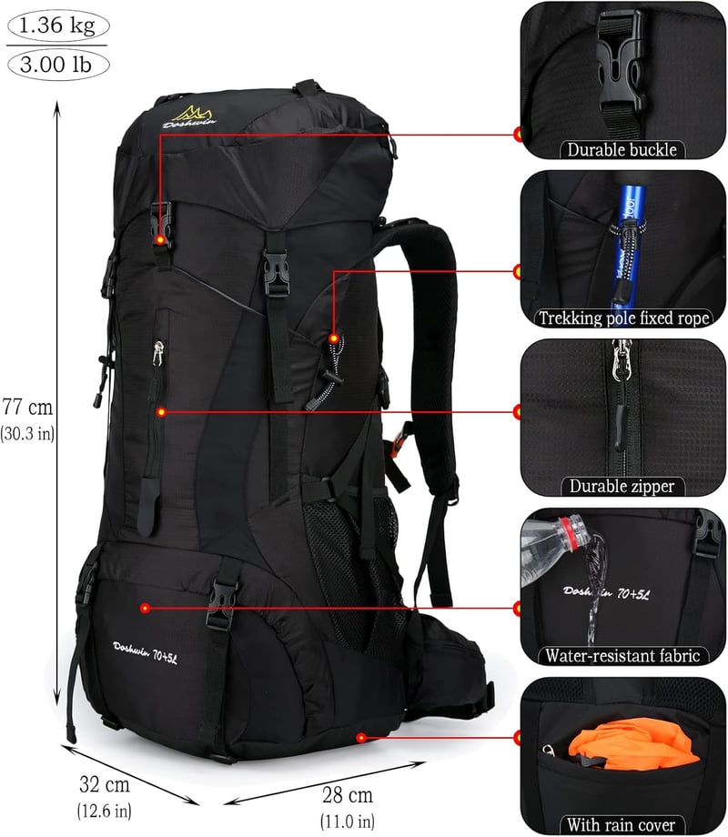 Doshwin 70L Túrahátizsák - Vízálló Esővédővel, Kemping, Túrázás, Utazás, Kirándulás - Unisex Oxford Anyagú Hátizsák Fekete Színben - XL, Black