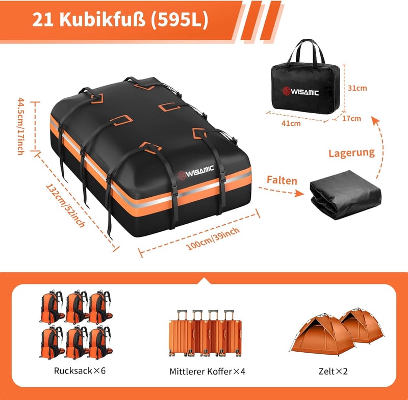 Wisamic 595L Összehajtható Tetőbox - Vízálló 1000D Oxford Tetőcsomagtartó Táska Autókhoz, Furgonokhoz, SUV-okhoz, Cipzáras Zárással, Csúszás