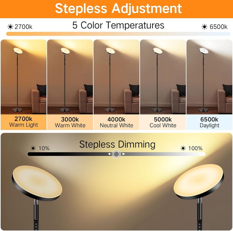 OUTON LED Állólámpa 36W 3000 Lumen - Távirányítós RGB Hangulatvilágítás 24 Dinamikus és 8 Statikus Színmóddal, Érintésvezérléssel, Időzítőve