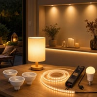 Oaza tople svjetlosti: 3x MR16 spot + 10m LED traka + bež stolna lampa + pametna žarulja 1
