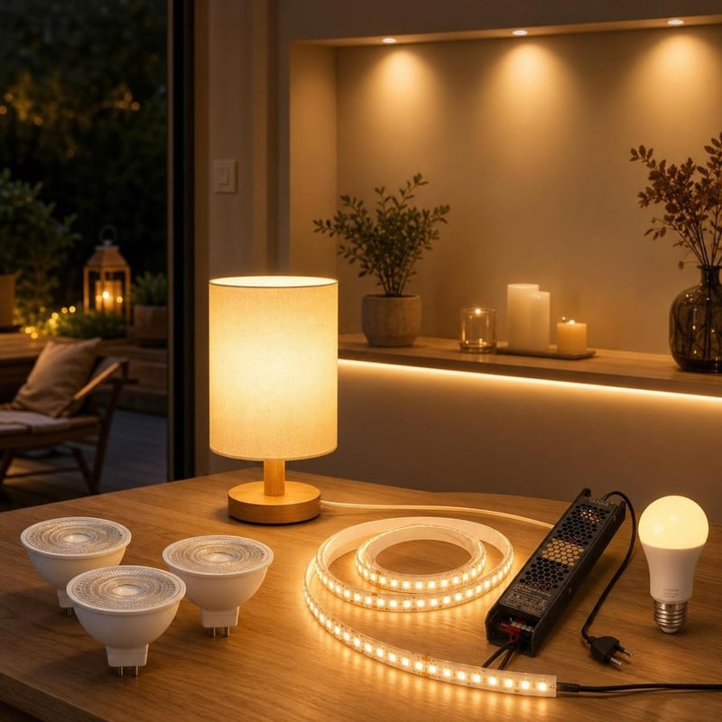 Oaza tople svjetlosti: 3x MR16 spot + 10m LED traka + bež stolna lampa + pametna žarulja