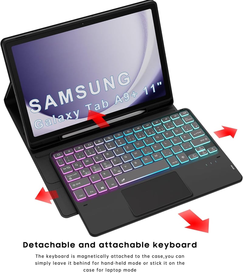 ROOFEI Samsung Galaxy Tab A9 Plus Tok QWERTZ Billentyűzettel - 7 Színű RGB Háttérvilágítás, Bluetooth, Levehető Billentyűzet Trackpaddal, 11