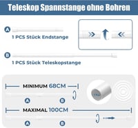 QINGYUN Fúrás Nélküli Teleszkópos Függönyrúd Szett, 2 db, 68-100 cm, Fehér, Rugós Rögzítés, Ablakra, Szekrényre, Konyhába 3