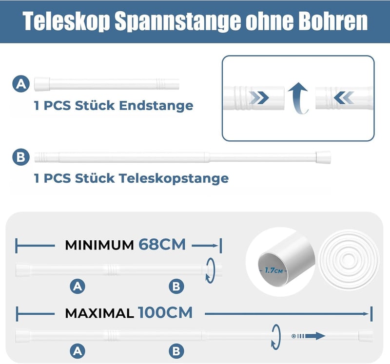QINGYUN Fúrás Nélküli Teleszkópos Függönyrúd Szett, 2 db, 68-100 cm, Fehér, Rugós Rögzítés, Ablakra, Szekrényre, Konyhába