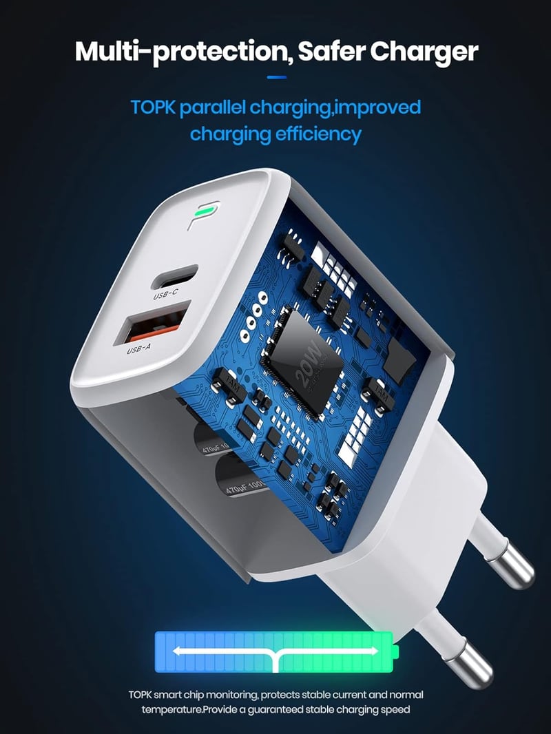 TOPK 20W PD 3.0 USB-C gyorstöltő 2 portos, fehér - Okostelefonokhoz és tabletekhez