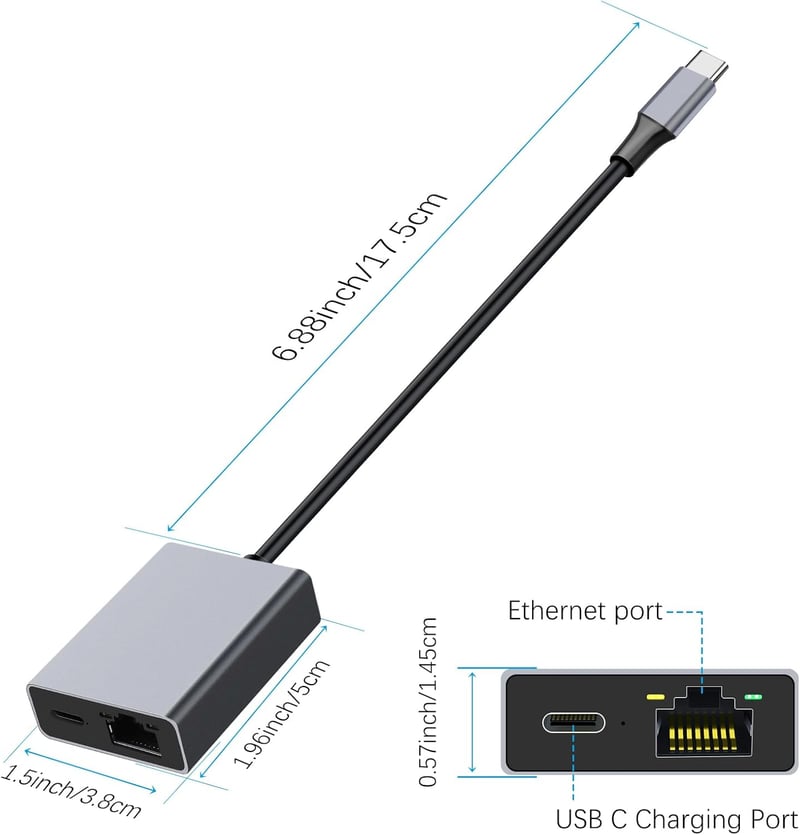 RUIZHI 100W USB-C Ethernet Adapter - Gigabit RJ45 Hálózati Csatlakozó és Gyorstöltő Chromecast, Telefon, MacBook és Windows Eszközökhöz