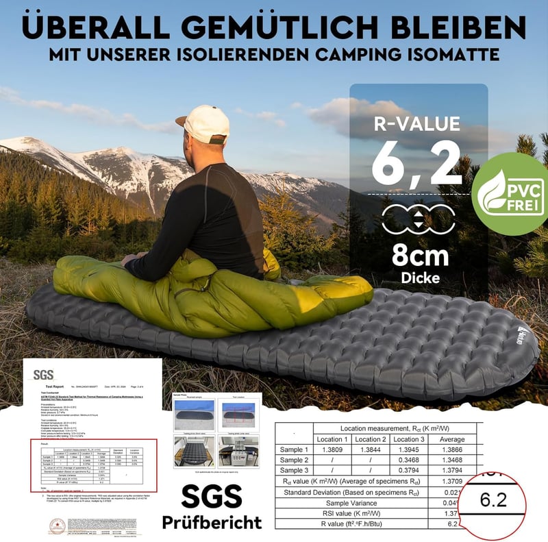 HIKENTURE Ultrakönnyű Kempingmatrac 6.2 R-Értékkel - 8 cm Vastag Felfújható Matrac Túrázáshoz, 4 Évszakos Használatra, Kis Csomagméret