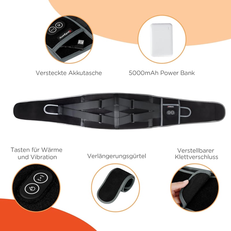 Comfytemp Vezeték Nélküli Derékfűtő Öv Vibrációs Masszázzsal - 155x20 cm, 3 Hőfokszint, 5000 mAh Akkumulátor, Állítható Feszesség, USB