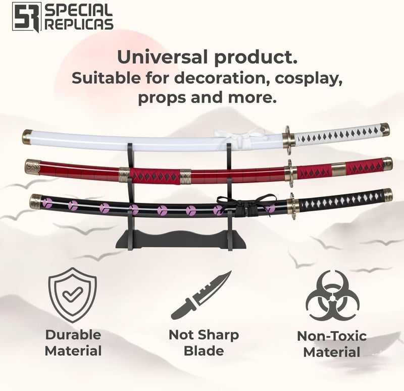 57 SPECIAL REPLICAS Roronoa Zoro Anime Katana Szett - One Piece Cosplay Bambusz Kard 105 cm, 3 db Katana Állvánnyal, Biztonságos Dekoráció