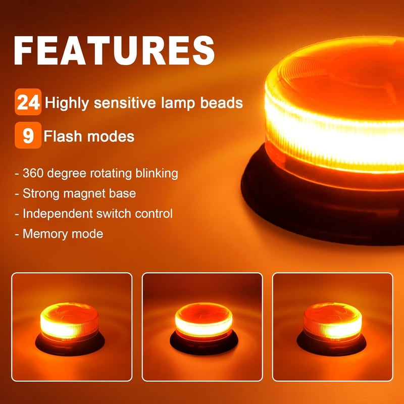 Dinfu Mágneses Forgó Figyelmeztető Lámpa 12V - Sárga LED Vészvillogó Távirányítóval, 9 Üzemmód, Autó/Teherautó/Traktor Kompatibilis, USB Töl