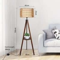 Rayofly Fa Állólámpa Polccal - Rattan és Len Lámpaernyős Tripod Boho Lámpa Nappali, Hálószoba és Iroda Számára - Lábkapcsolóval, Vintage Diz 5