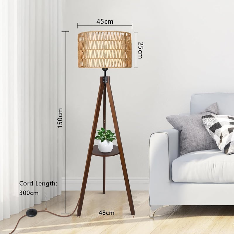 Rayofly Fa Állólámpa Polccal - Rattan és Len Lámpaernyős Tripod Boho Lámpa Nappali, Hálószoba és Iroda Számára - Lábkapcsolóval, Vintage Diz