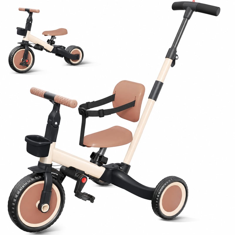 Detská trojkolka newyoo TR007 5 v 1 s vodiacou tyčou, balančný bicykel pre deti od 1-3 rokov, khaki — poškodená (stav: pozri 2. obrázok)