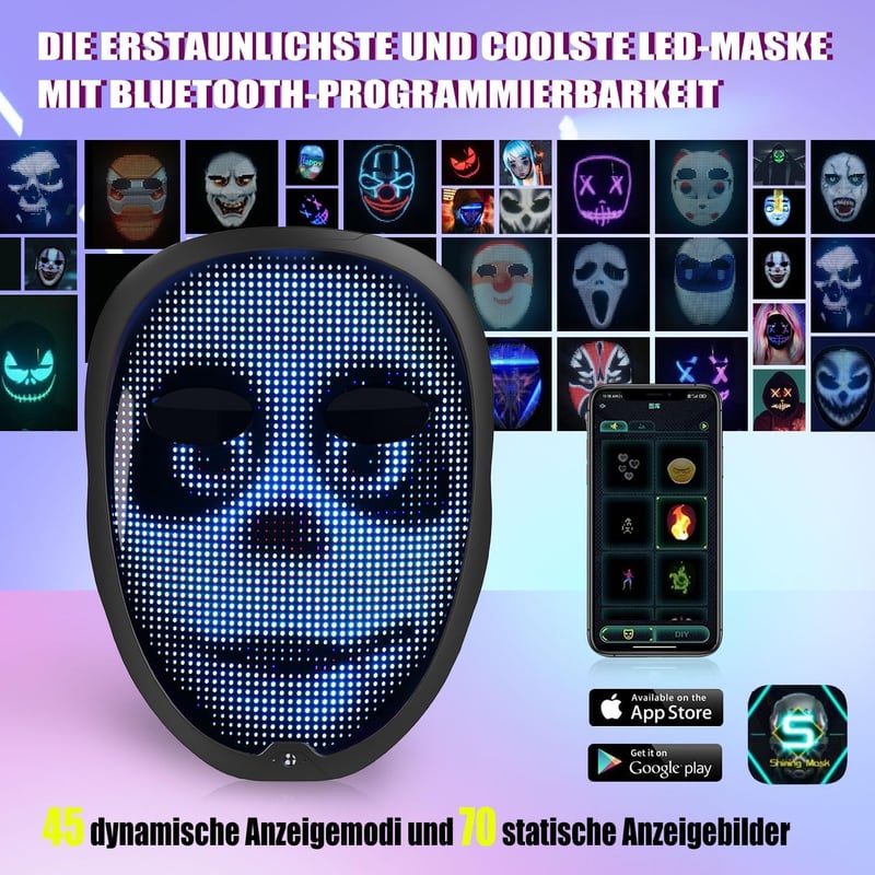 MEGOO LED Maszk Bluetooth-szal és Gesztusfelismeréssel - Programozható Világító Arcmaszk Farsangra, Halloweenre