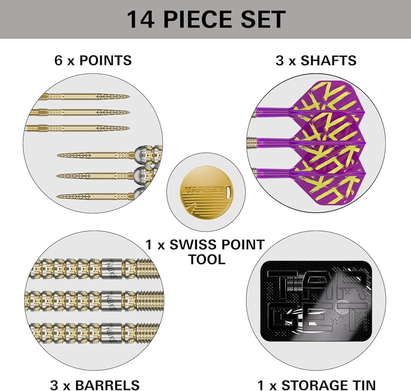 Target Darts Luke Littler Gen 1 Prodigy 90% Tungsten Darts Nyíl Készlet 22G - Arany Acél Hegyekkel, K-Flex Szárnyakkal, Swiss Point Technoló