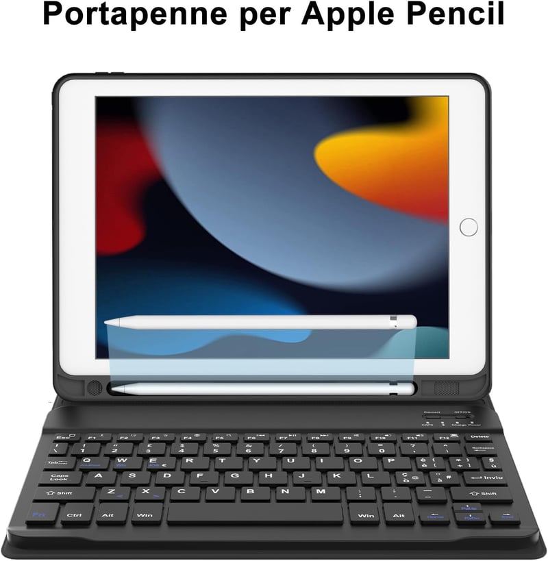 KVAGO iPad 10,2" olasz billentyűzetes tok - Bluetooth, mágneses, levehető, fekete