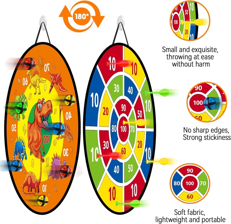 Montessori dinoszauruszos darts tábla gyerekeknek - 66 cm, 12 labdával, kétoldalas, kül- és beltéri játék