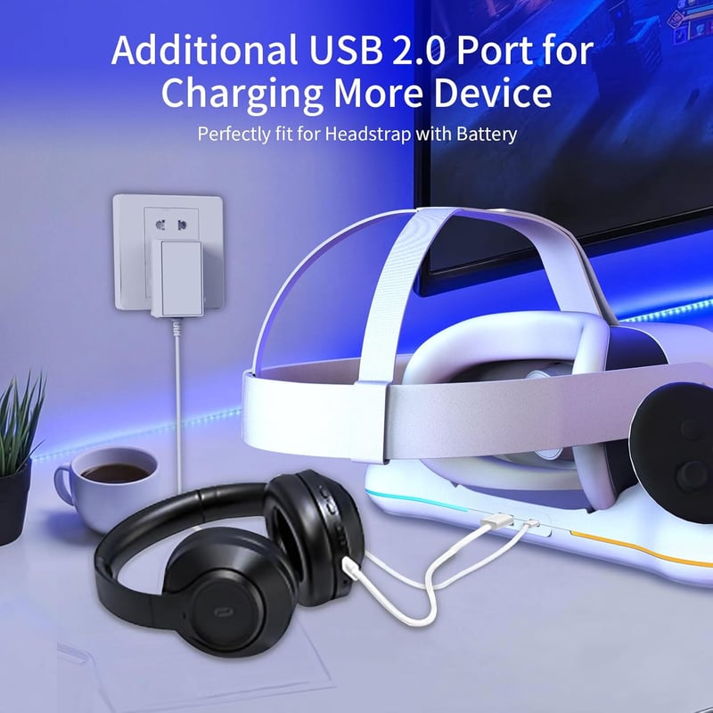 SPEEDY BEE Töltőállomás Meta Quest 3/3S/2 Headsethez - Mágneses VR Állvány RGB Világítással, 2 Újratölthető 2100mAh Akkumulátorral és USB Ki