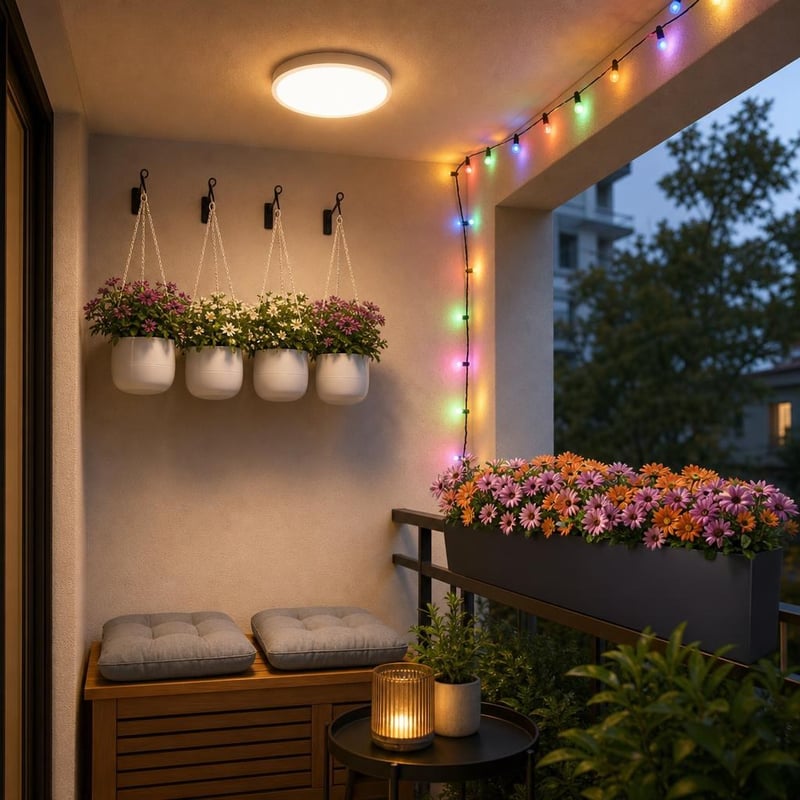 Oáza na balkóne: 1x LED lampa + 21m reťaz + 1x truhlík + 4x kvetináč + 2x vankúš