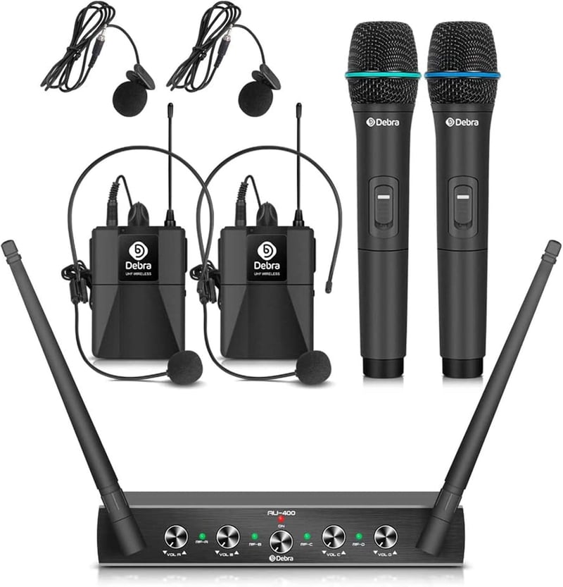 D Debra UHF 4 Csatornás Vezeték Nélküli Mikrofon Rendszer 2 Kézi és 2 Testmikrofonnal Karaoke Templom Buli Rendezvény
