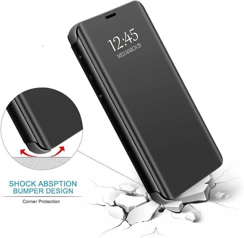 iPhone 13/14 Ütésálló Fekete Szilikon Tok Tükrös Üvegfóliával és Kitámasztóval