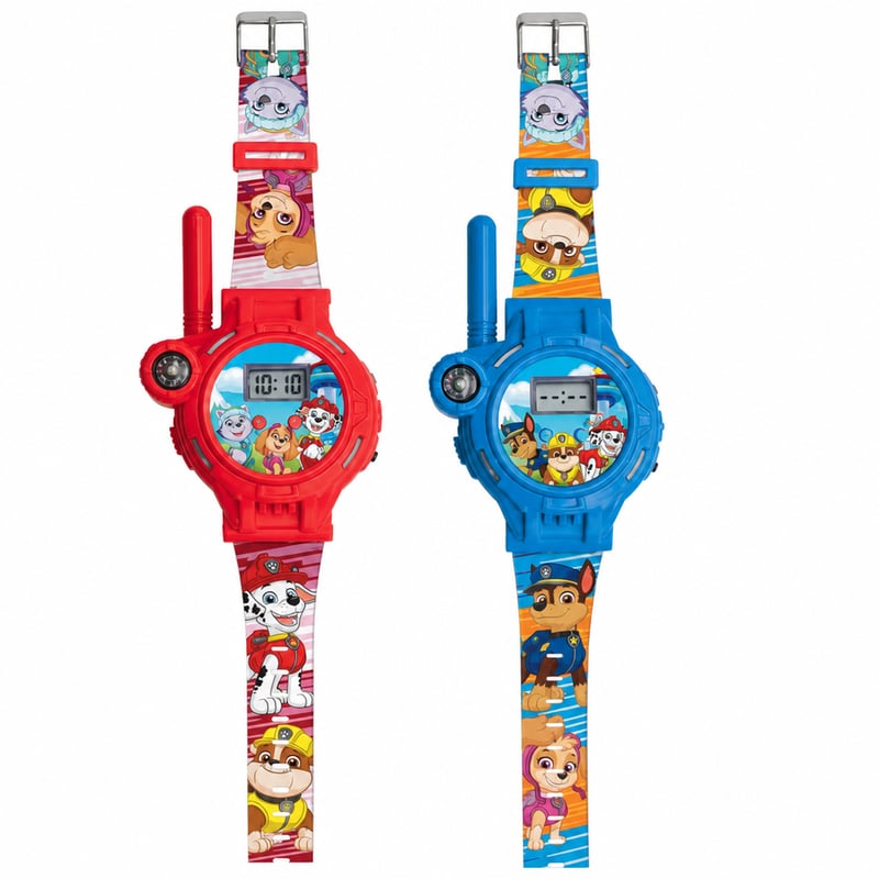 Ceasuri Walkie-Talkie Lexibook PAW Patrol DMWTW1PA, set de 2 bucăți, rază de acțiune 200m — defecte, funcționează parțial: ceasul albastru nu funcționează (stare: vezi a 2-a imagine)