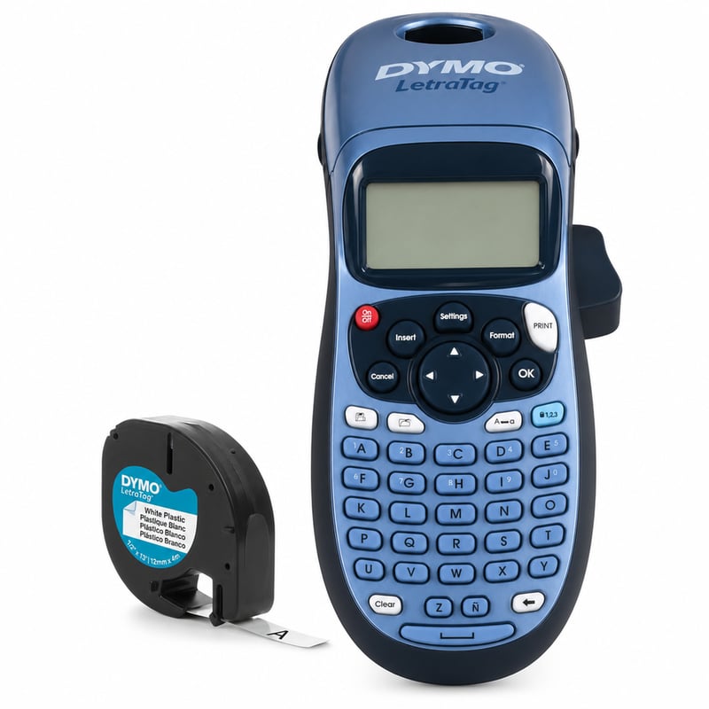 Set de pornire imprimantă de etichete portabilă DYMO LetraTag LT-100H cu tastatură ABC — bandă lipsă, capac baterie care cade (stare: vezi a 2-a fotografie)