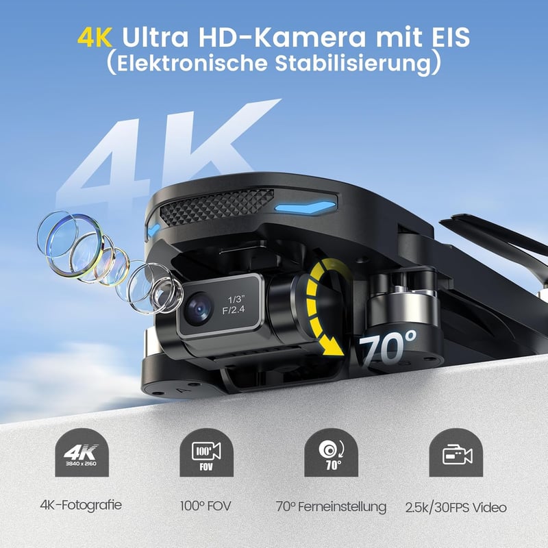DEERC D10 Összecsukható Drón 2K HD Kamerával - FPV Élő Videó, Gesztus Vezérlés, Szelfi Mód, Magasságtartás, Kezdőknek, 2 Akkumulátorral és H