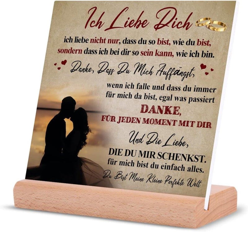 Romantikus "Ich Liebe Dich" Akril Asztali Dísz 10x10 cm - Német Feliratú Szerelmi Ajándék