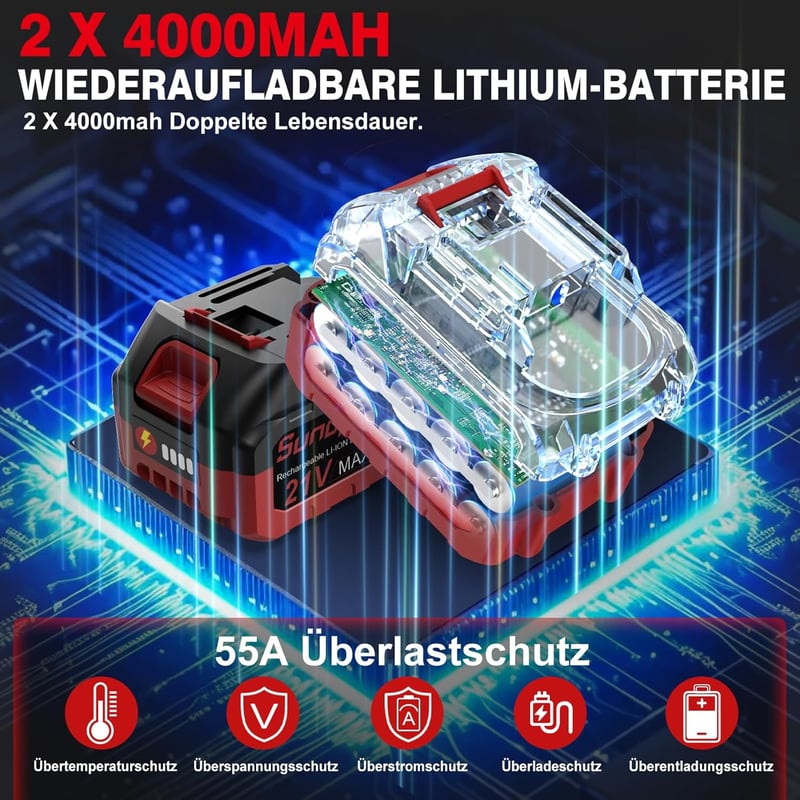 Sundpey Akkumulátoros Ütvecsavarozó 650 Nm - 21V Kétsebességes Behajtó 2db 4000 mAh Akkuval, 6 Dugókulccsal, 9 Fúróval, LED Világítással, Ot