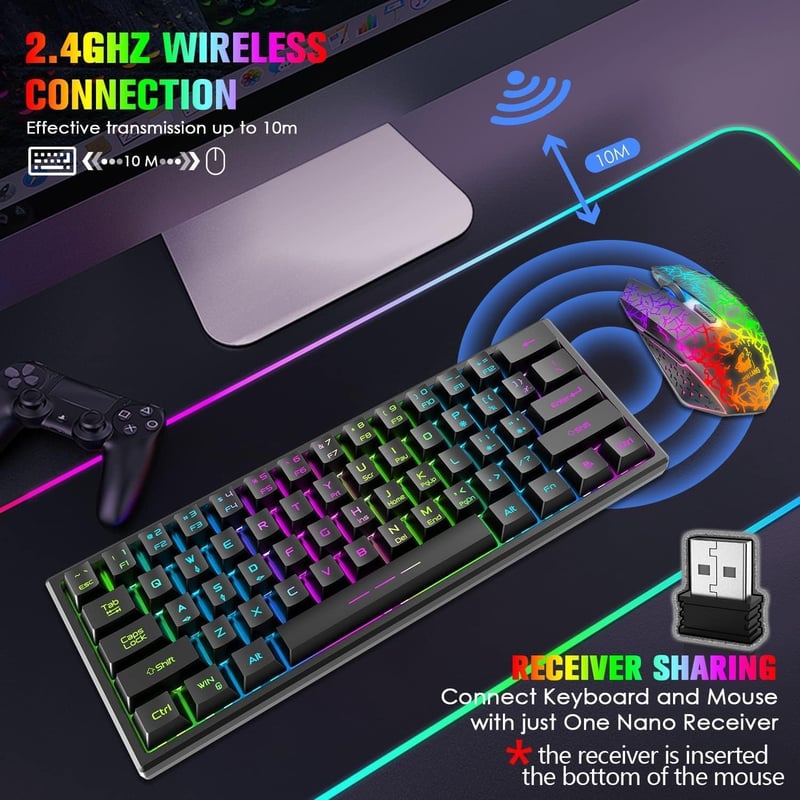 Redragon Rainbow LED 61 gombos vezeték nélküli gaming billentyűzet és egér szett - PC kompatibilis, fekete