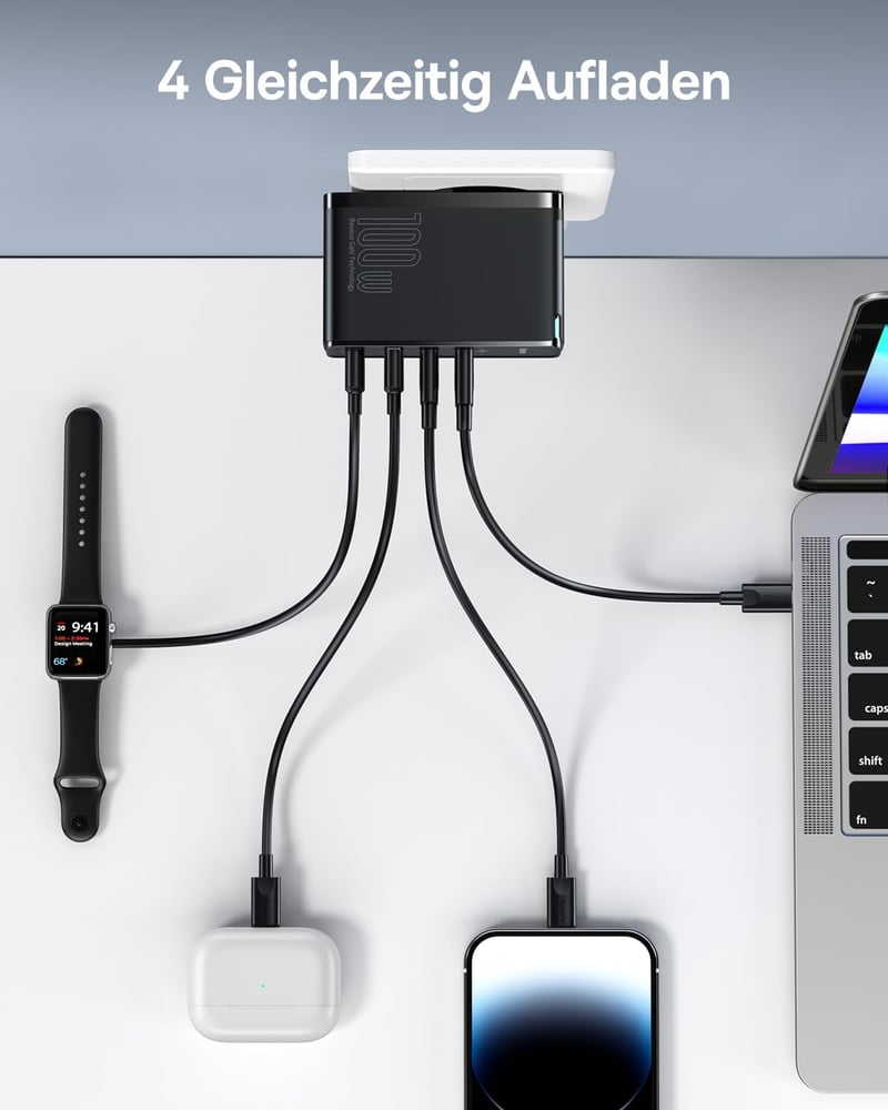 Baseus 100W GaN USB-C gyorstöltő 4 porttal - MacBook, iPhone 15, Samsung S24 Ultra kompatibilis