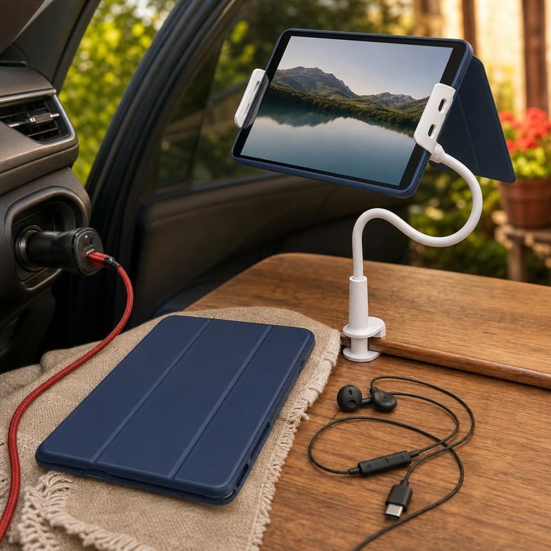 Utazó tabletmentő csomag: tablet tok + asztali tartó + autós gyorstöltő + USB-C fülhallgató