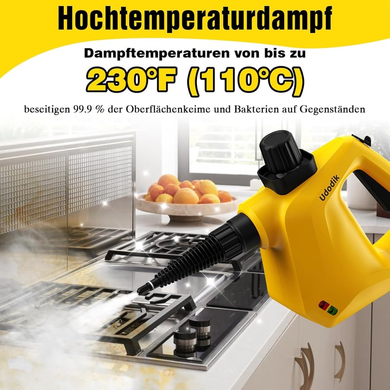 Udodik Hordozható Gőztisztító 10 Tartozékkal - Szőnyeg, Függöny, Kanapé, Konyha, Fürdőszoba Tisztításához - Vegyszermentes 350ml Tartály (Sá