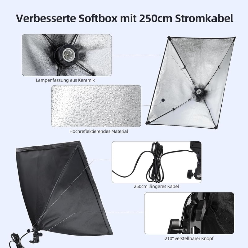 FGen Softbox Fotó Stúdió Szett 2x50x70cm - 135W 5500K Fotólámpa E27 Foglalattal, 2m Állítható Állvánnyal Portré és Termékfotózáshoz