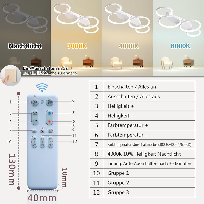 SEATAIN 80 cm-es Távirányítós LED Mennyezeti Lámpa - Fehér 4 Gyűrűs Modern Dizájn, Szabályozható Fényerő, 3000-6000K, Éjszakai Fény Funkcióv
