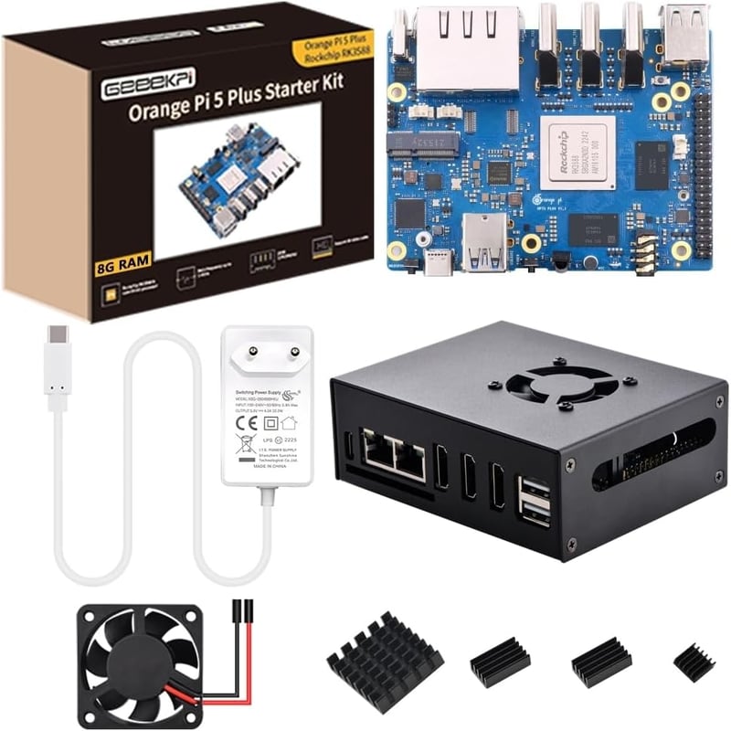 GeeekPi Orange Pi 5 Plus 8GB - RK3588 8-Magos Egykártyás Számítógép Fém Házzal, Hivatalos 5V 4A Tápegységgel és 40mm Ventilátorral, eMMC Fog
