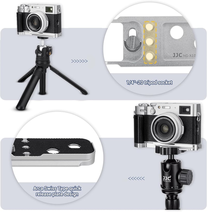 Fujifilm X100VI/V/F fém markolat - Arca Swiss gyorscsatlakozó talppal, ezüst