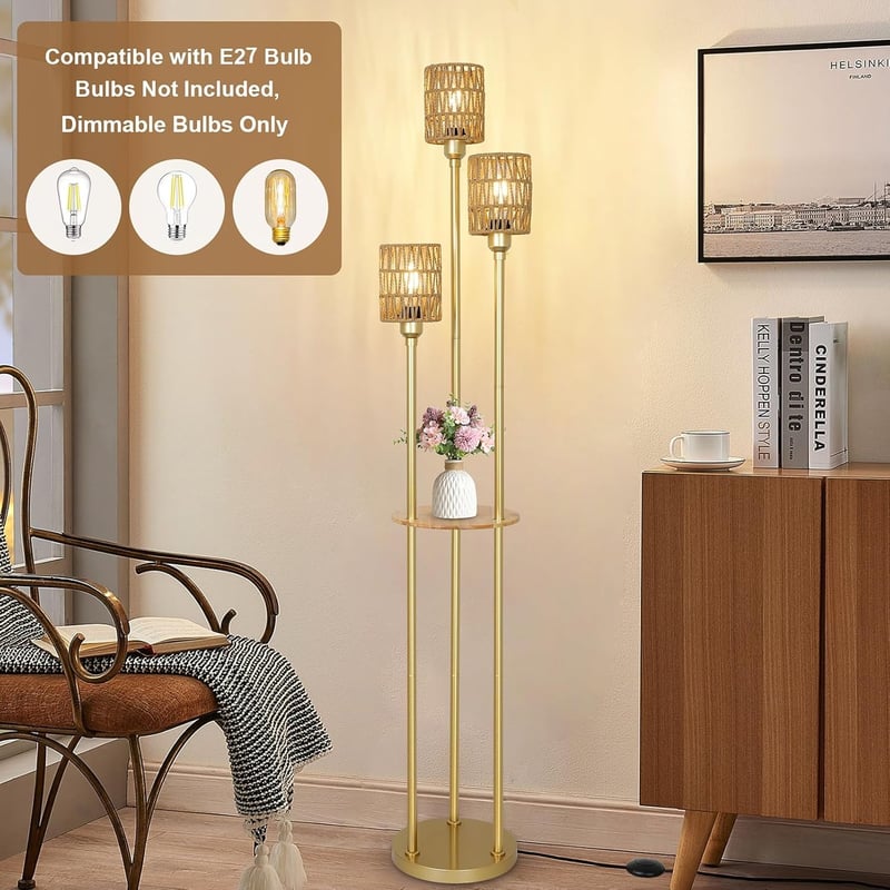 Rayofly Modern Boho Állólámpa 3 Izzóval - Rattan Lámpaernyő, Polccal és Háromfokozatú Lábkapcsolóval - Tökéletes Hálószobába, Irodába, Nappa