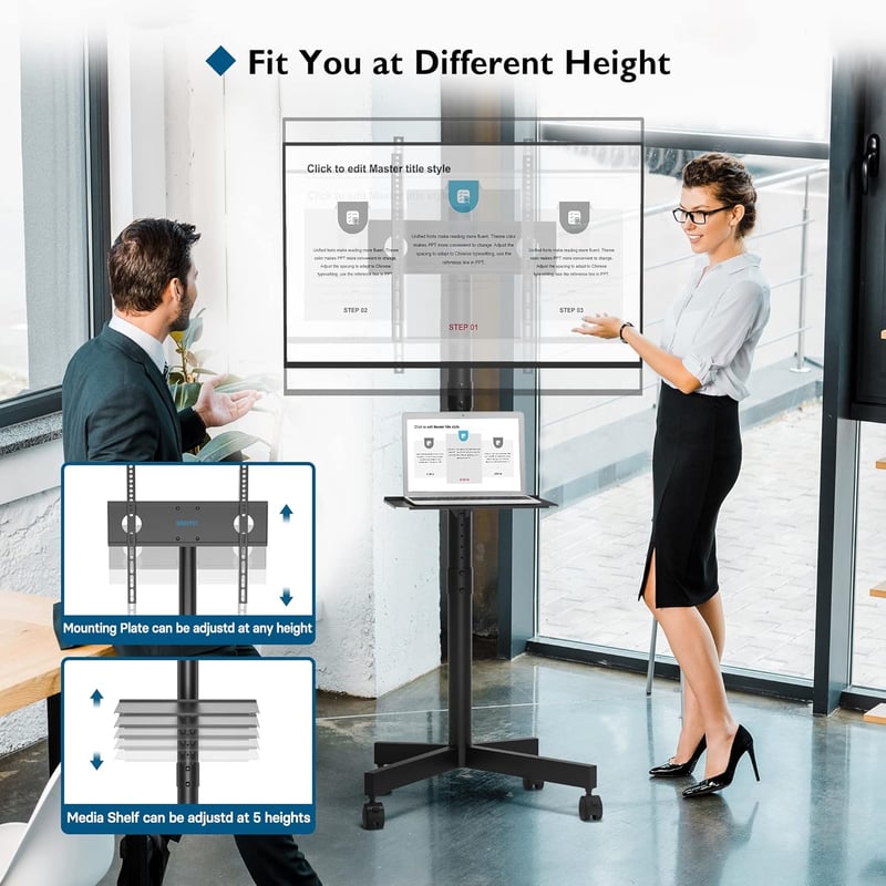 BONTEC Gurulós TV Állvány 23-60" Képernyőkhöz, Laptoptartó Polccal, Állítható Magasságú, 25 kg Teherbírású, VESA 400x400 mm Kompatibilis