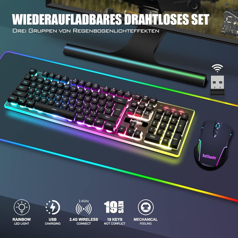 RedThunder K10 Vezeték Nélküli Gamer Billentyűzet és Egér Szett, QWERTZ Német Kiosztás, 3000 mAh Akkumulátor, 3200 DPI, RGB Háttérvilágítás - black
