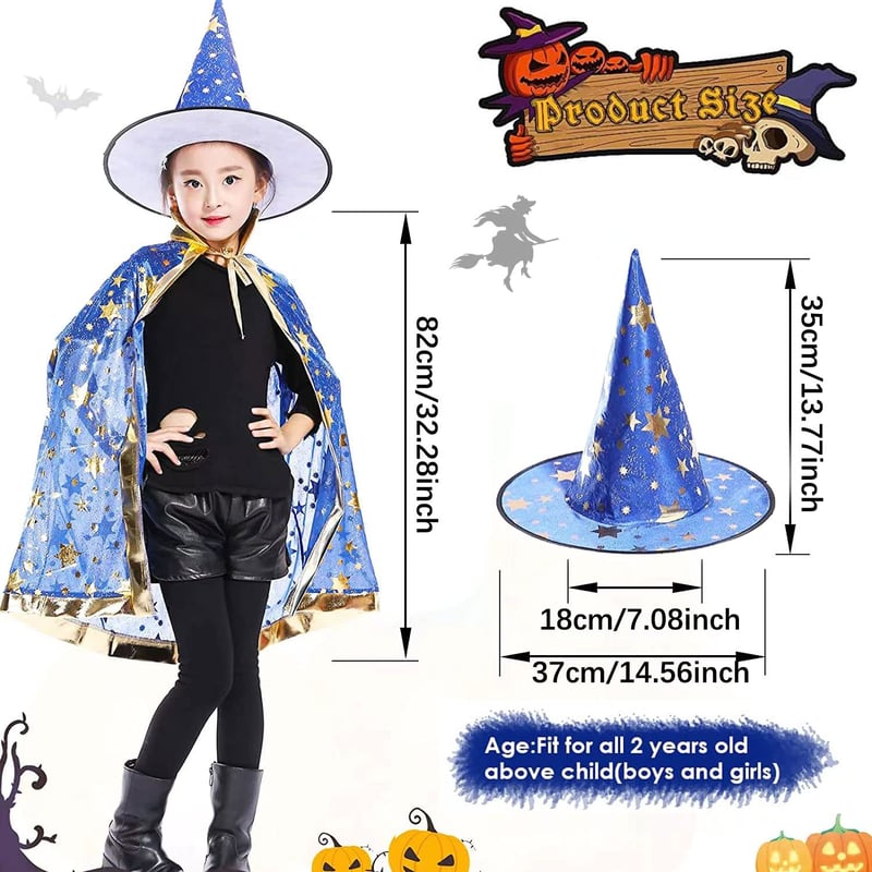 Gyerek Varázsló Köpeny Kalappal - Halloween Boszorkány Jelmez