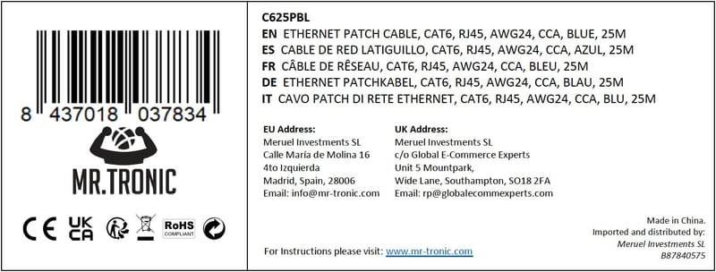 Mr. Tronic 25m-es Cat6 Ethernet kábel, kék, RJ45 csatlakozóval, gyors internethez