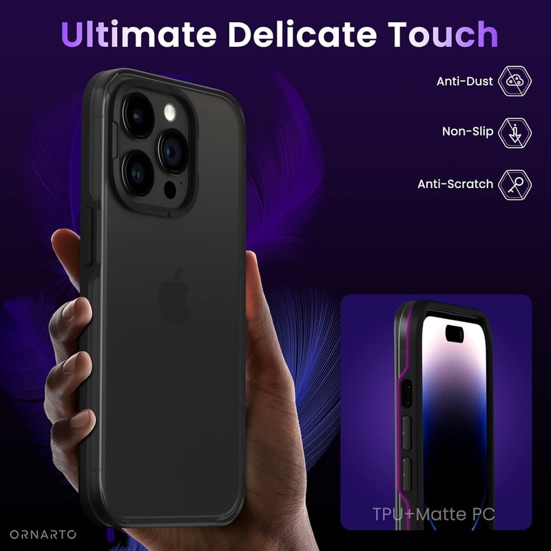 ORNARTO iPhone 14 Pro Max Védőtok - Matt Fekete Ujjlenyomatmentes Csúszásgátló Tok Légpárnás Védelemmel, 2 Kamera és 2 Kijelzővédővel

AI: O