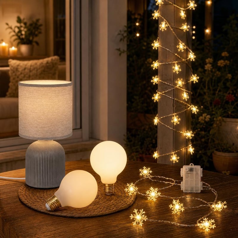 Esti fényvarázs: dimmelhető E27 LED izzó + asztali lámpa + 6 m LED fényfüzér