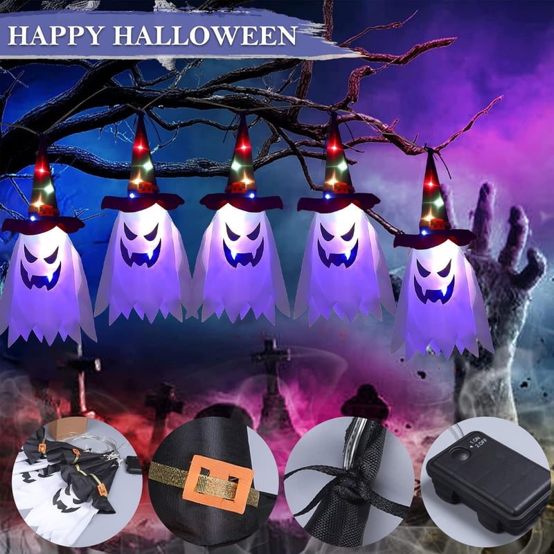 Sunshine smile Halloween Kültéri Dekoráció - 5db Világító Függő Szellem Szett - Boszorkánykalap és Szellemdíszek Kertbe, Fára, Partira - Újr