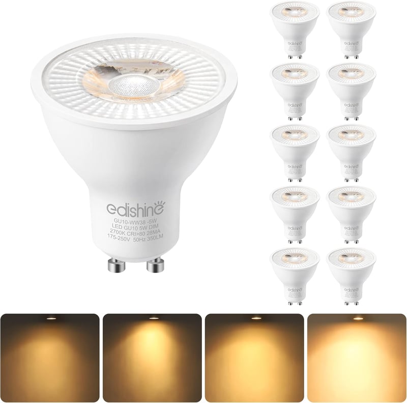 EDISHINE GU10 LED Spotlámpa, 2700K Meleg Fehér, Dimmelhető, 38° Szögű Fénysugár, 5W/350 Lumen, 50W Helyettesítő, Beltéri Világítás, 10 db