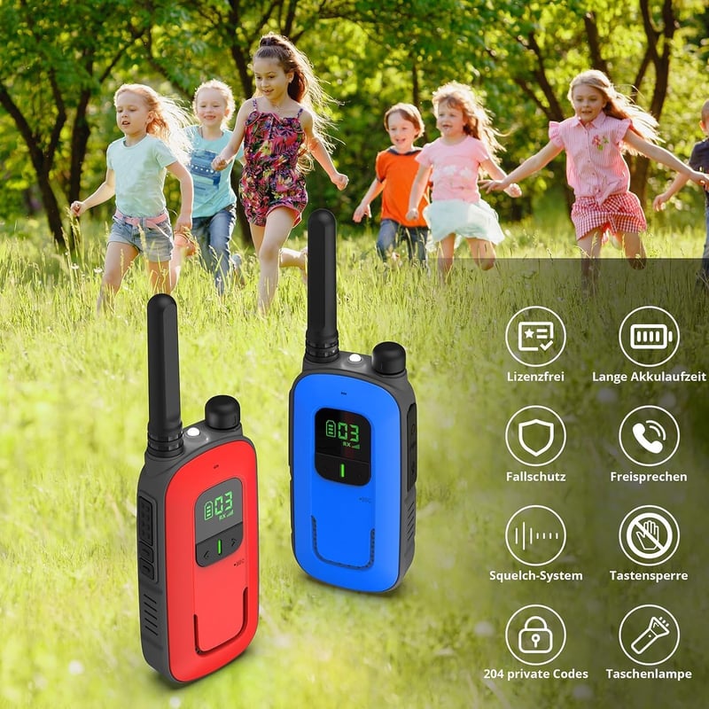 Radioddity gyerek walkie-talkie szett, 16 csatornás, 4km hatótávú, lámpával, 2db (piros-kék)