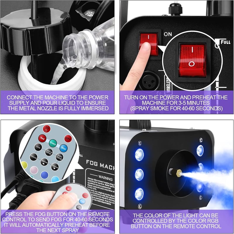 U`King 1200W Füstgép 6 RGB LED Világítással - Vezeték Nélküli Távirányítóval, 8m Hatótávolság, 1L Tartály, Fém Ház, DJ Partykhoz, Koncertekh