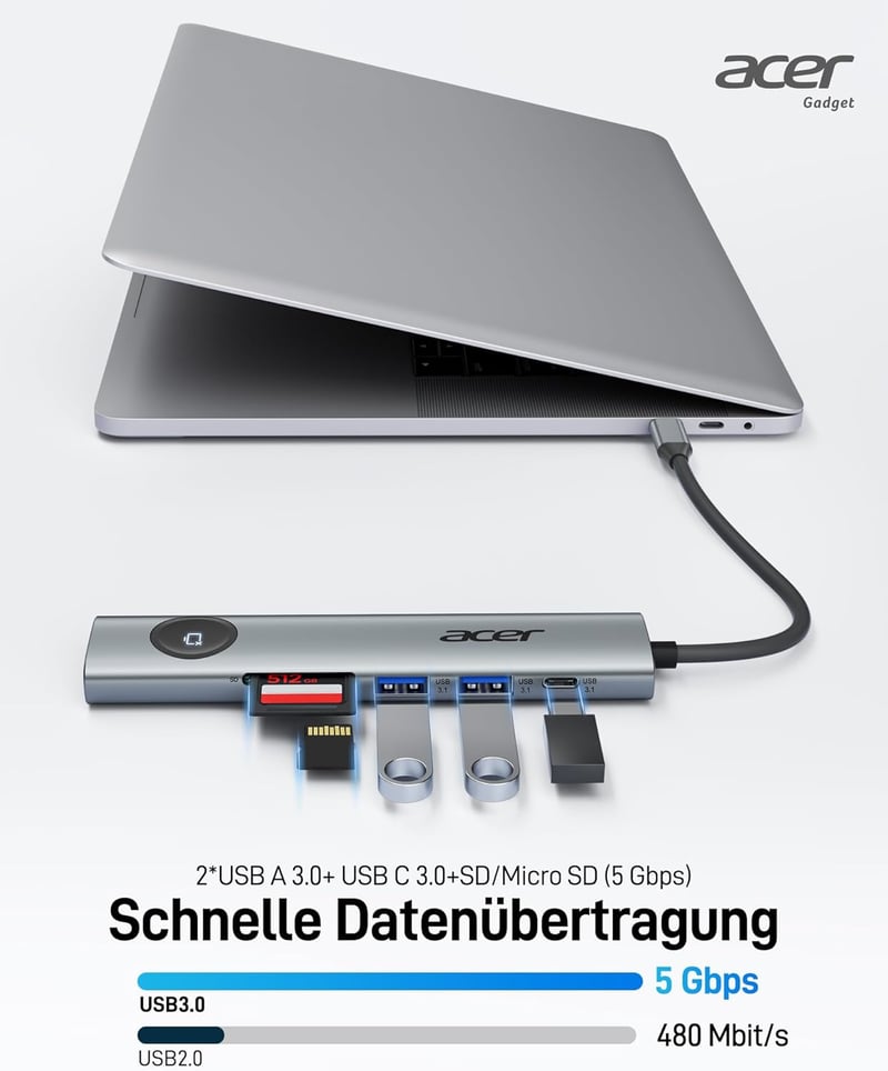 Acer 7-in-1 USB-C Hub - 4K@60Hz HDMI Adapter, 100W PD Töltés, 2 USB 3.0 Port, Kártyaolvasó, Képernyővezérlés - MacBook, Surface, iPhone Komp